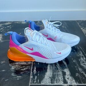 Nike Air Max 270 White, Pink, and Orange Sneakers